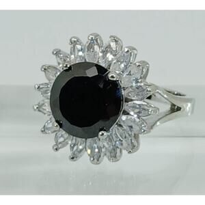 Vintage Ring Size 6.25 Silver Tone White Gold GP Black CZ Cluster Cocktail NOS